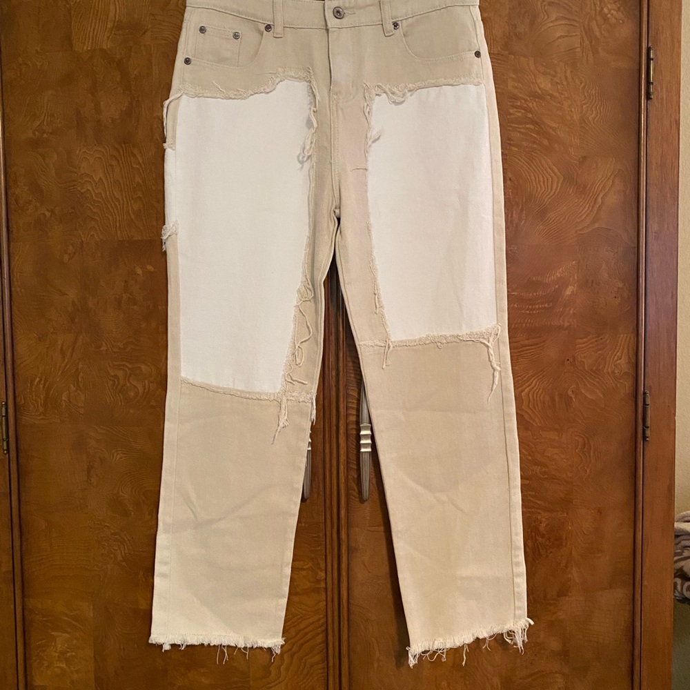 POL PREMIUM Tan and White Patchwork Jeans
